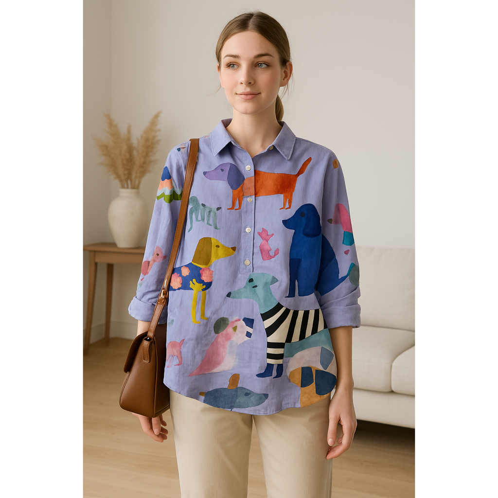 Rakel™ | Blus med konstnärligt hundtryck – Där komfort möter kreativ elegans